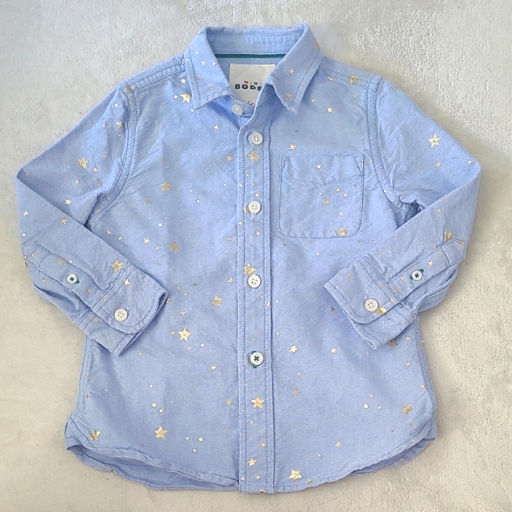 Mini Boden Girls Button Up Shirt 2-3Y Blue Gold Star Print Cotton Long Sleeve
